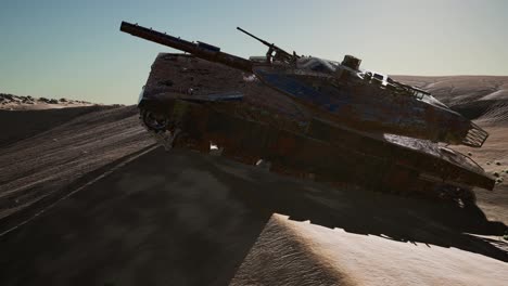 Militairy-tanks-destructed-in-the-desert-at-sunset